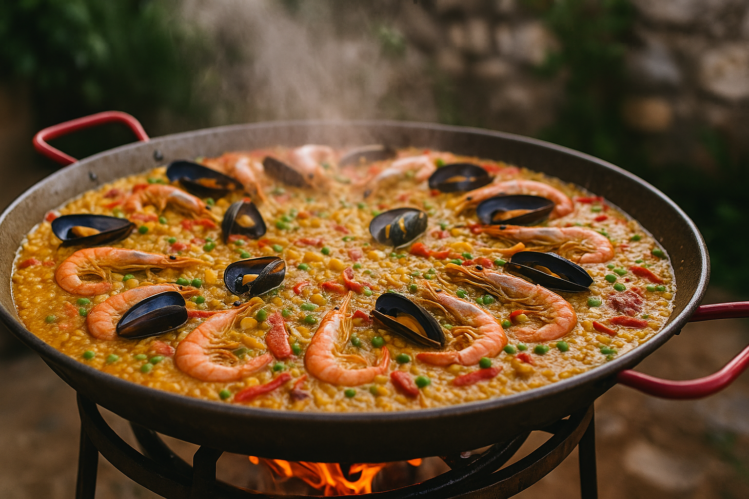 Paella géante en cuisson avec crevettes, moules et riz doré, dans une grande poêle extérieure
