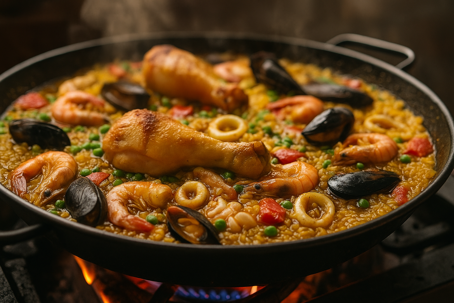 Paella maison en cuisson avec morceaux de poulet, fruits de mer et riz doré dans une poêle sur feu doux