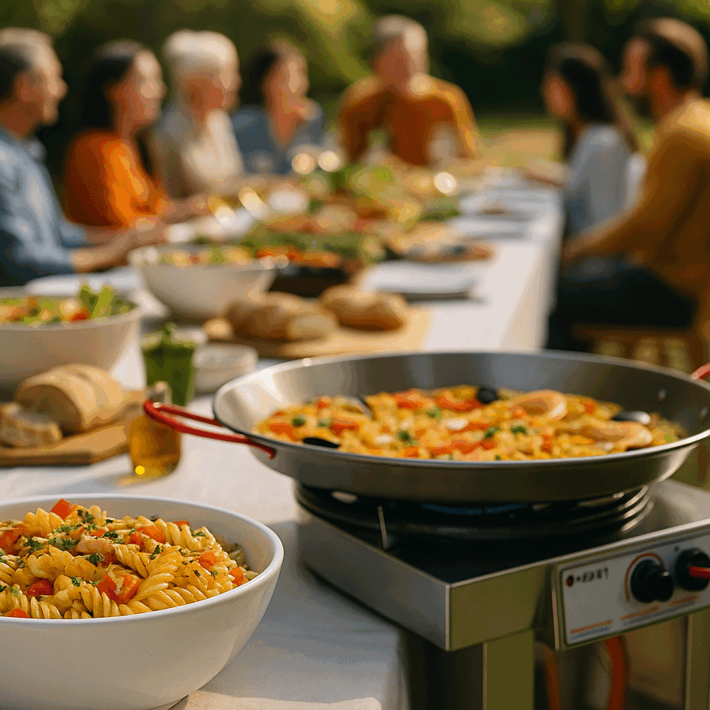 Brûleur à paella utilisé lors d’un événement en extérieur avec des convives, plat généreux en cuisson
