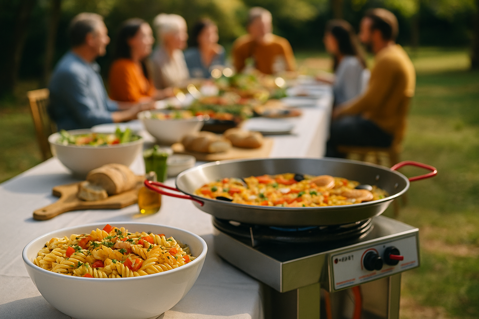 Brûleur à paella utilisé lors d’un événement en extérieur avec des convives, plat généreux en cuisson