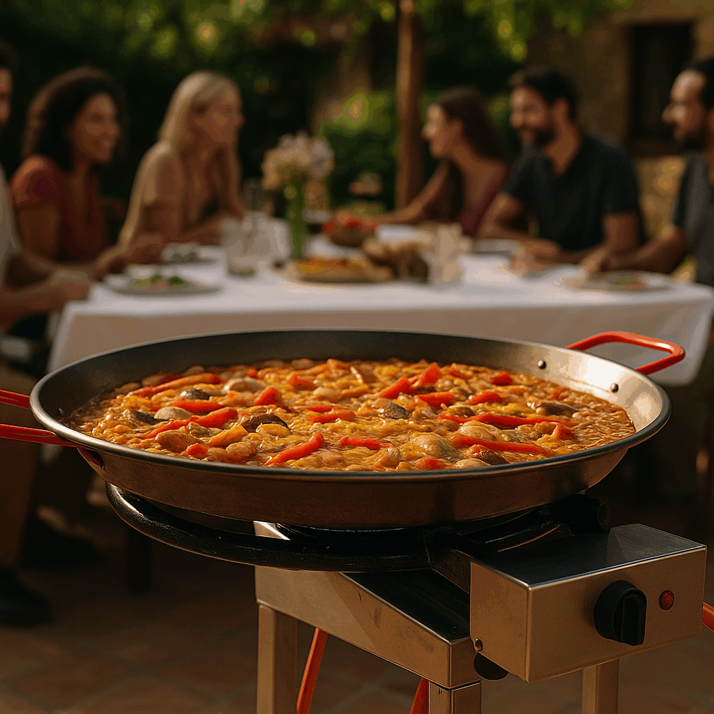 Grande paella en cuisson sur brûleur à gaz lors d’un repas en extérieur, ambiance conviviale et festive