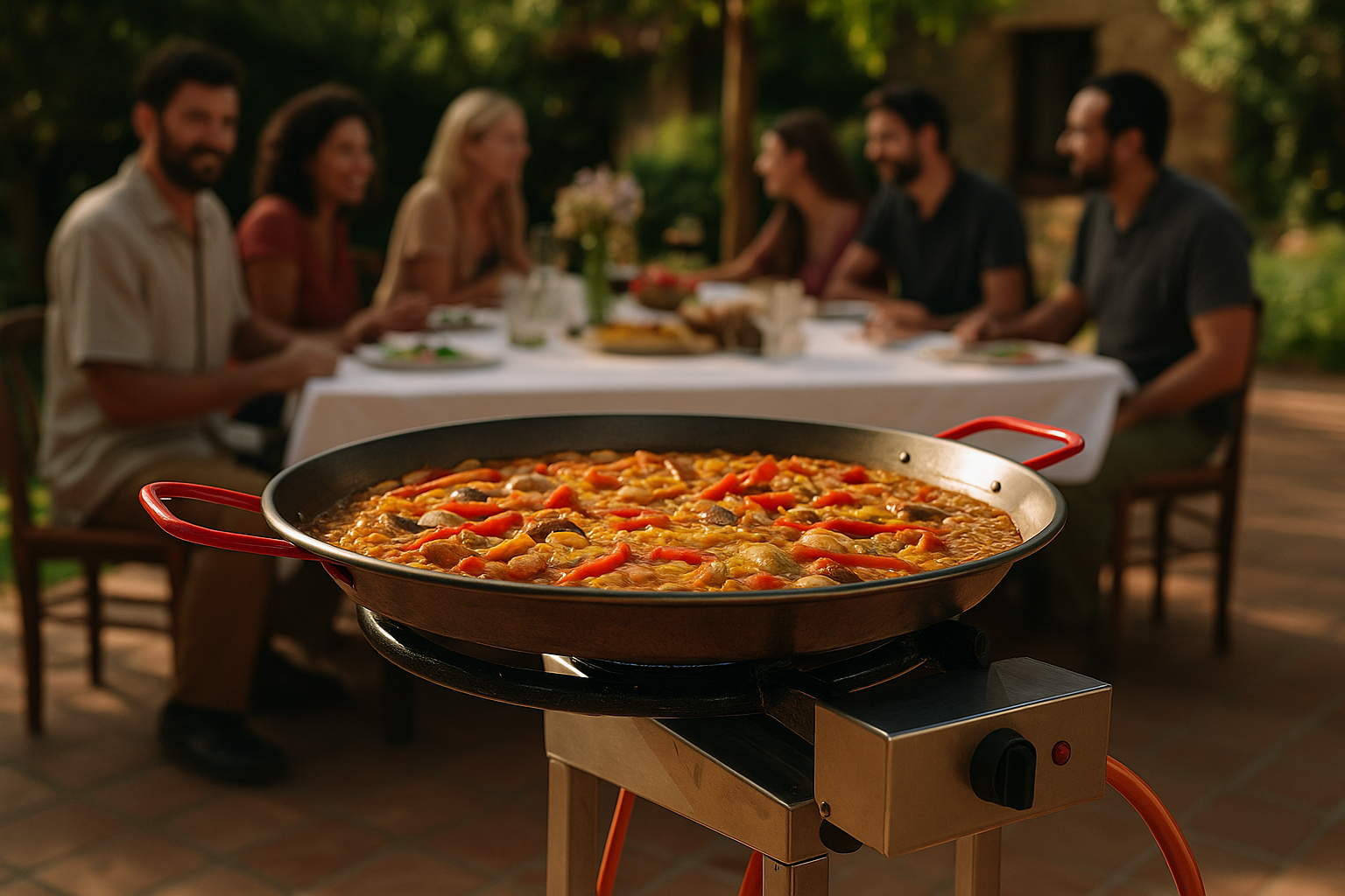 Grande paella en cuisson sur brûleur à gaz lors d’un repas en extérieur, ambiance conviviale et festive