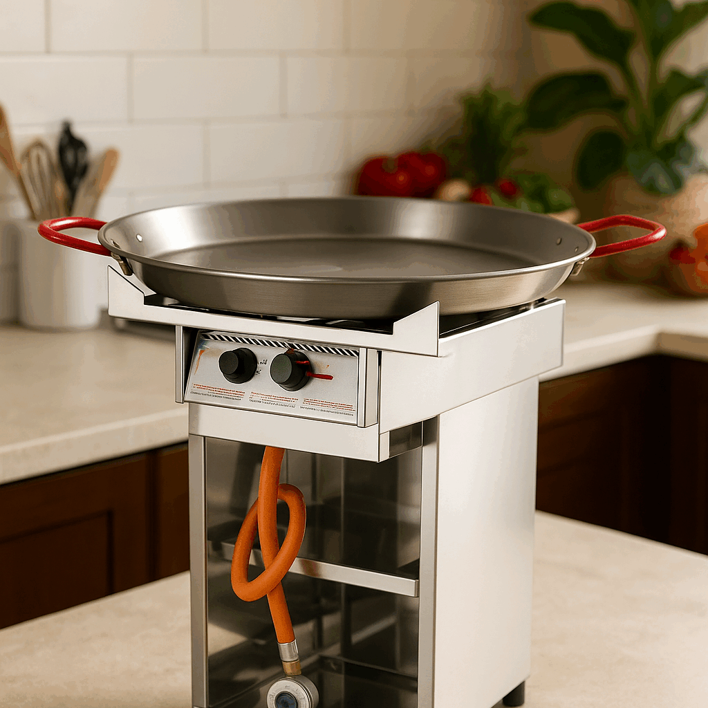 Gros plan sur les commandes, la structure en acier et les branchements gaz du brûleur à paella professionnel