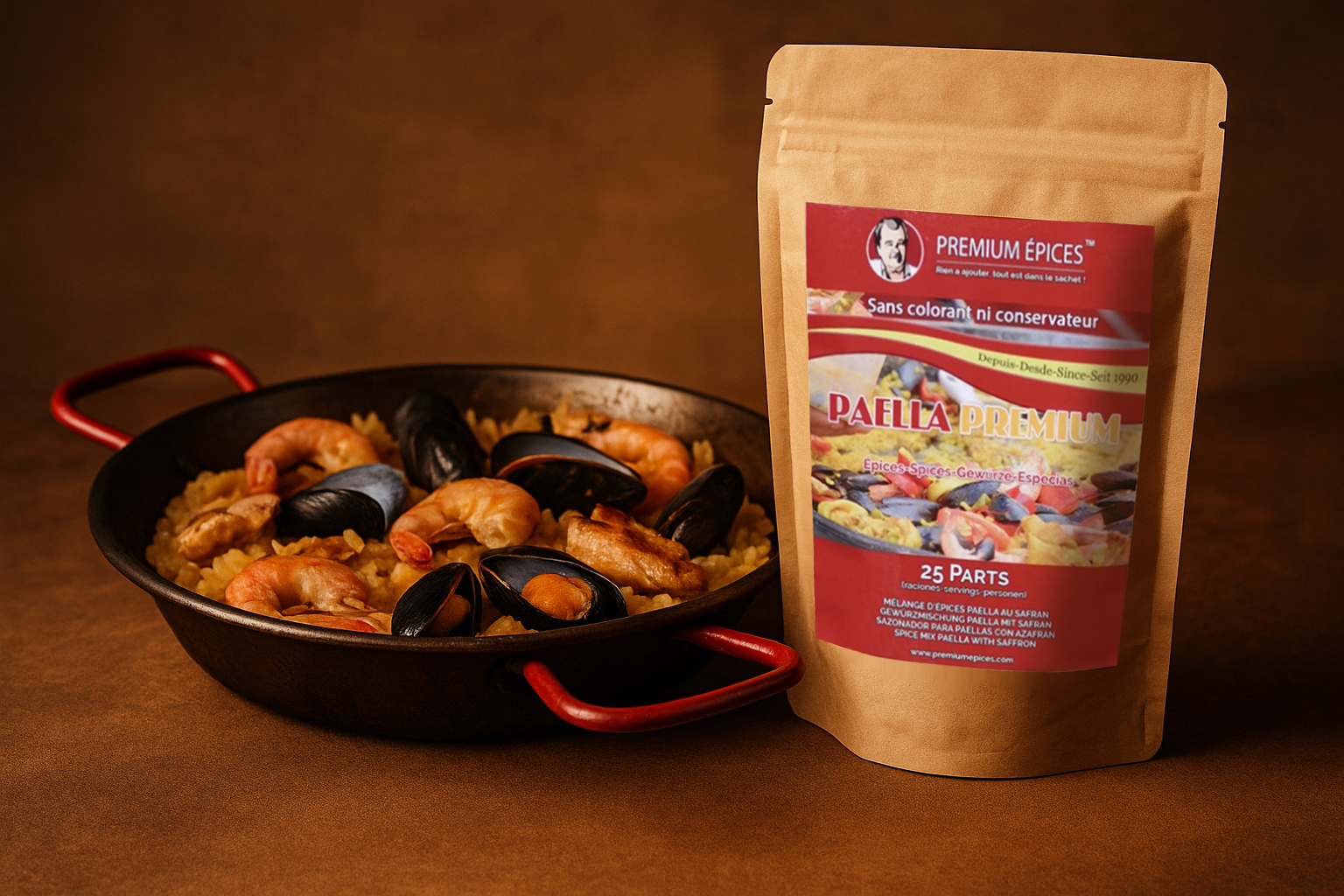 Grande poêle de paella espagnole garnie d’ingrédients frais, photographiée en lumière naturelle sur une table de marché