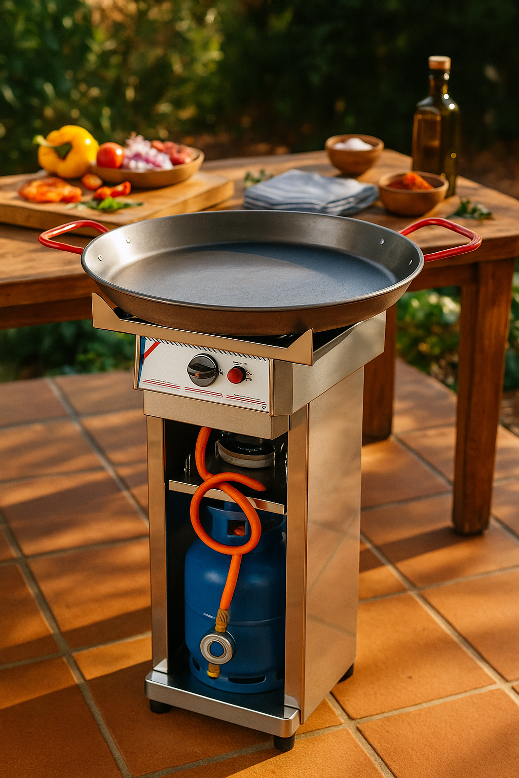 Mise en scène extérieure d’un brûleur à paella en acier avec poêle large, sur fond naturel, pour cuisson traditionnelle