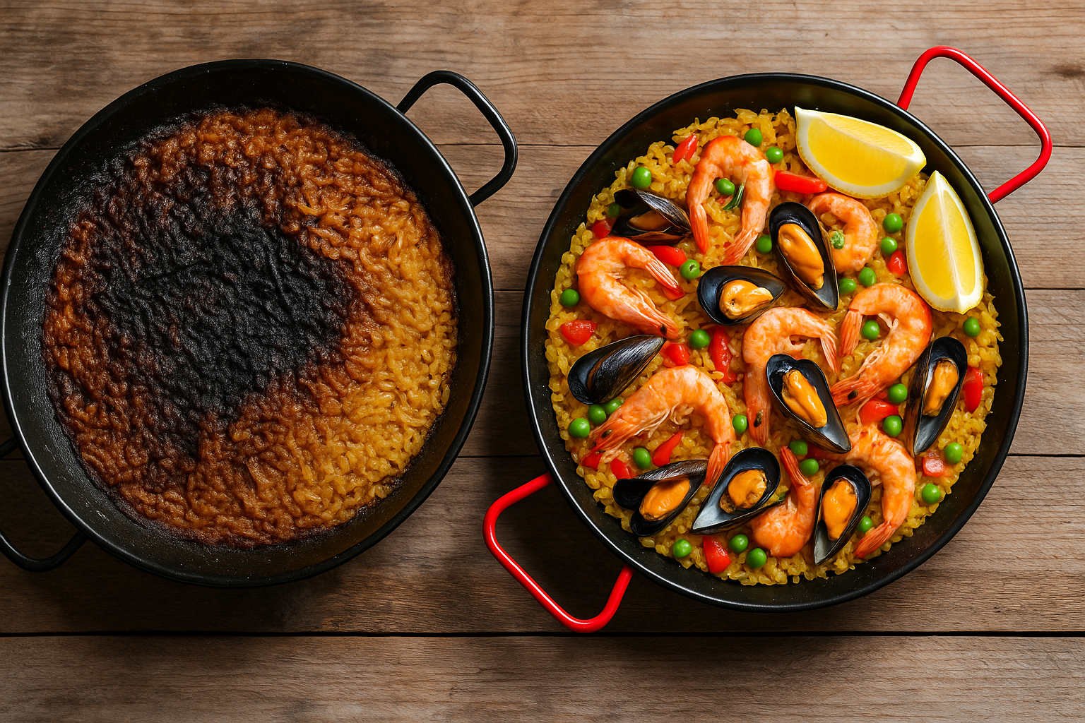 Comparaison visuelle entre une paella maison bien cuite et une paella ratée : trop cuite ou pâteuse