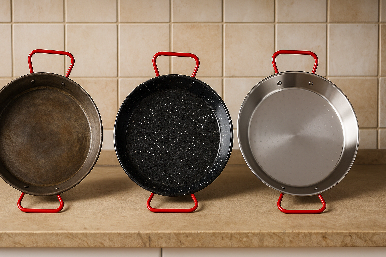 Trois poêles à paella de matériaux différents posées côte à côte : acier, émail et inox