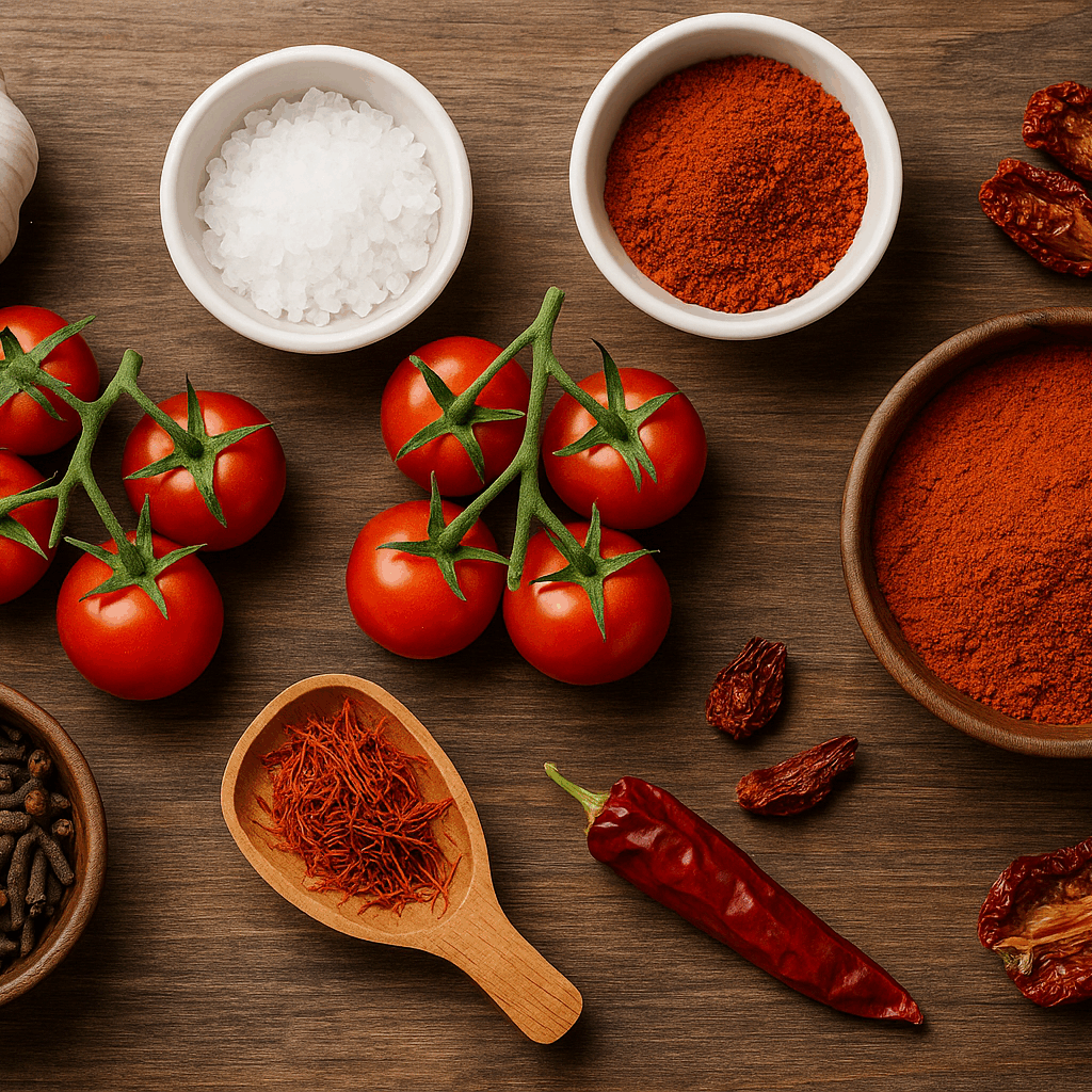 Plan de travail de cuisine avec sachets d’épices rangés, balance, pots hermétiques et ustensiles de conservation alimentaire