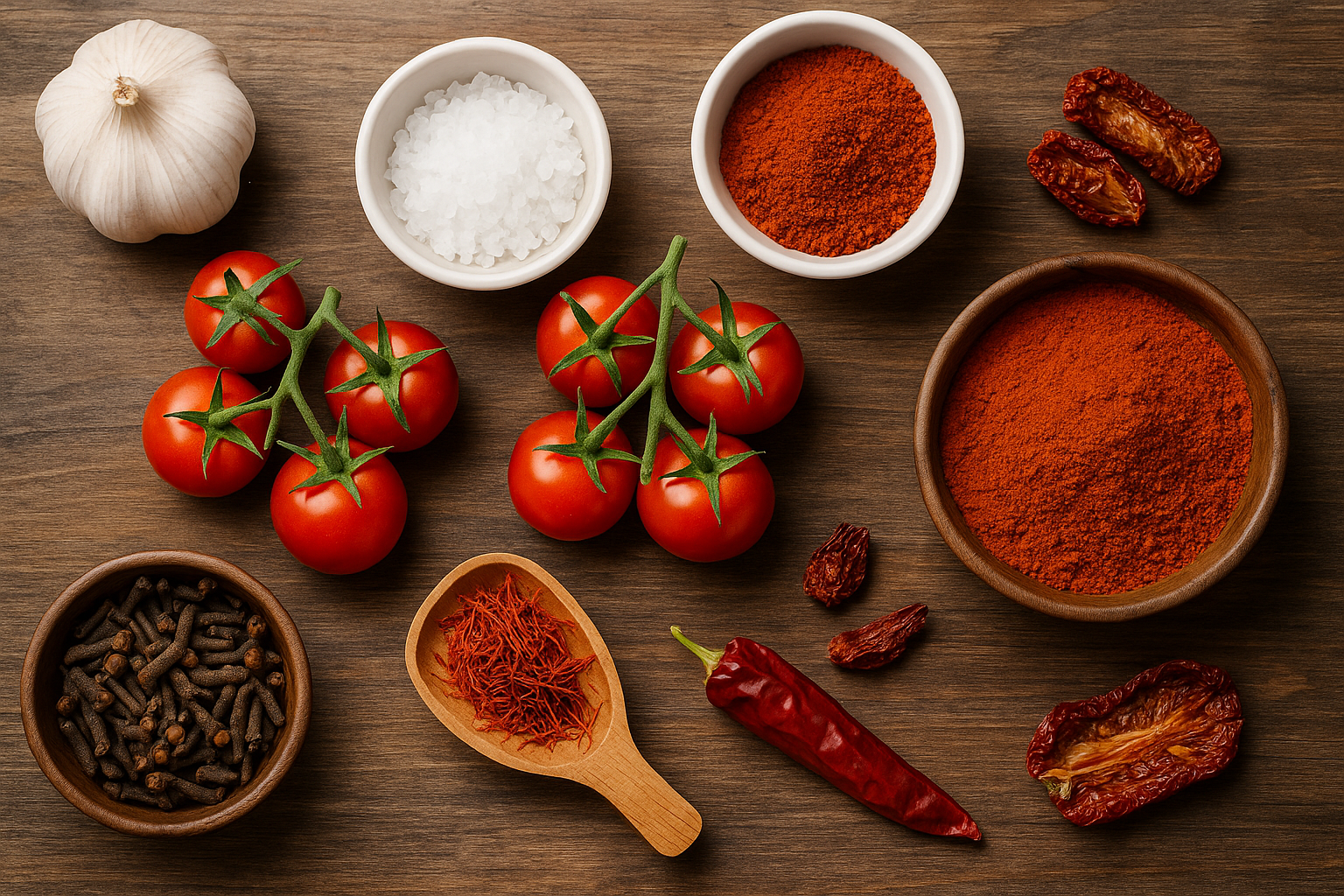 Plan de travail de cuisine avec sachets d’épices rangés, balance, pots hermétiques et ustensiles de conservation alimentaire