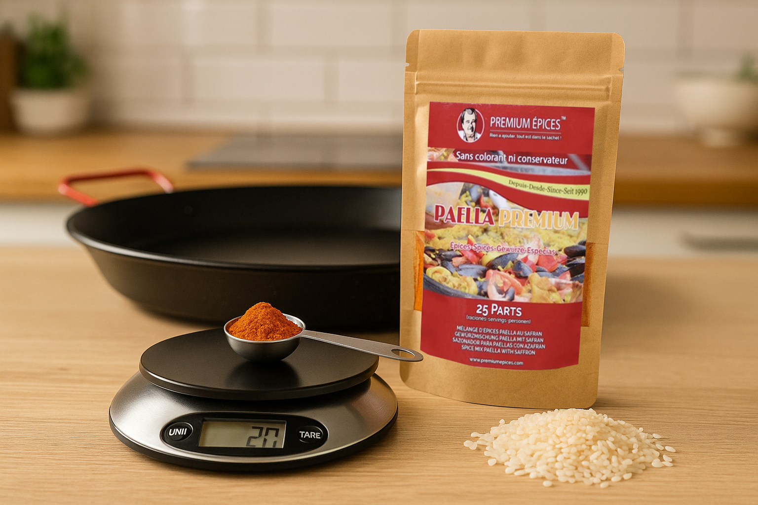 Sachet d’épices pour paella posé sur une balance de cuisine, à côté d’une poêle et de riz cru