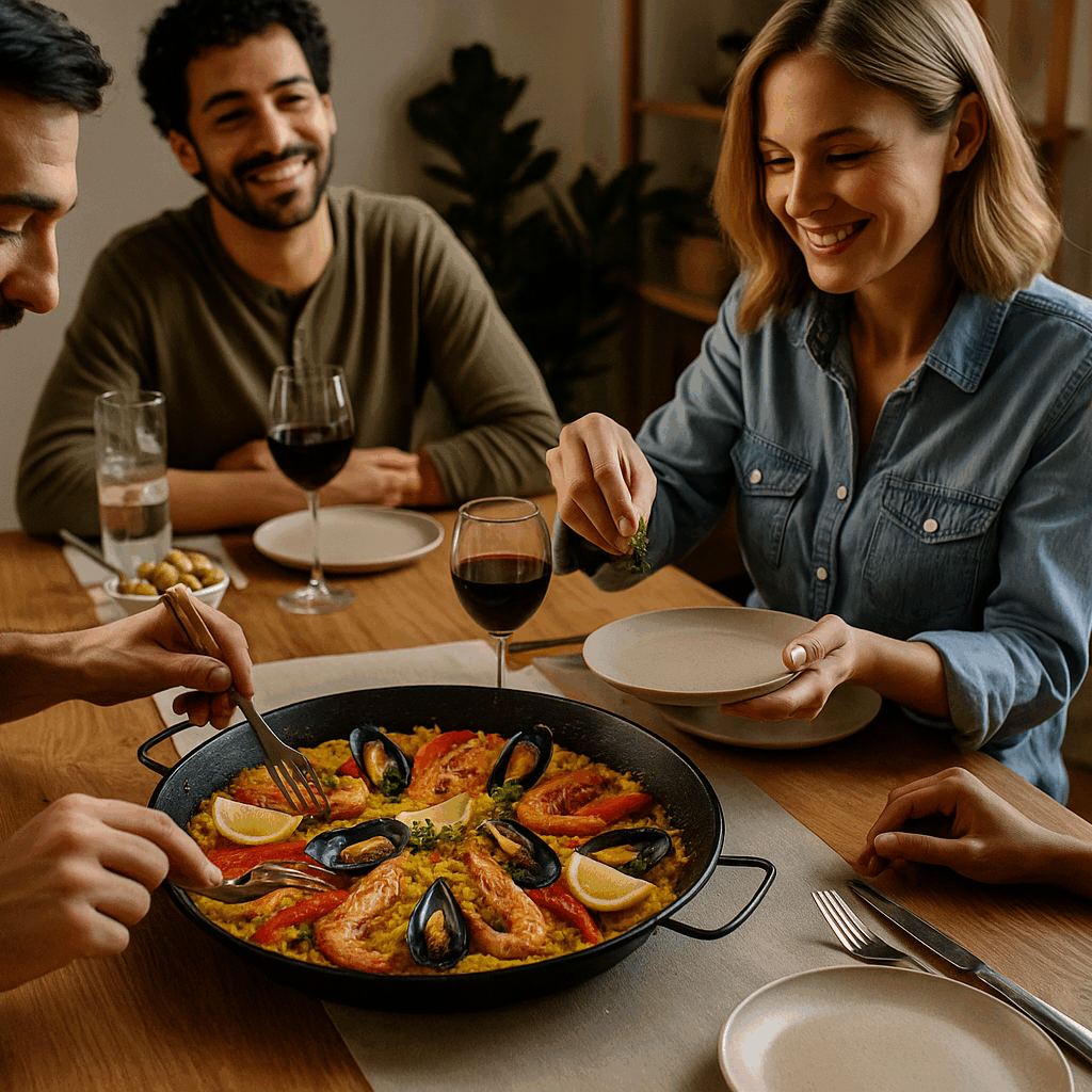 Groupe d’amis réunis autour d’une table en extérieur dégustant une grande paella dans une ambiance festive et chaleureuse