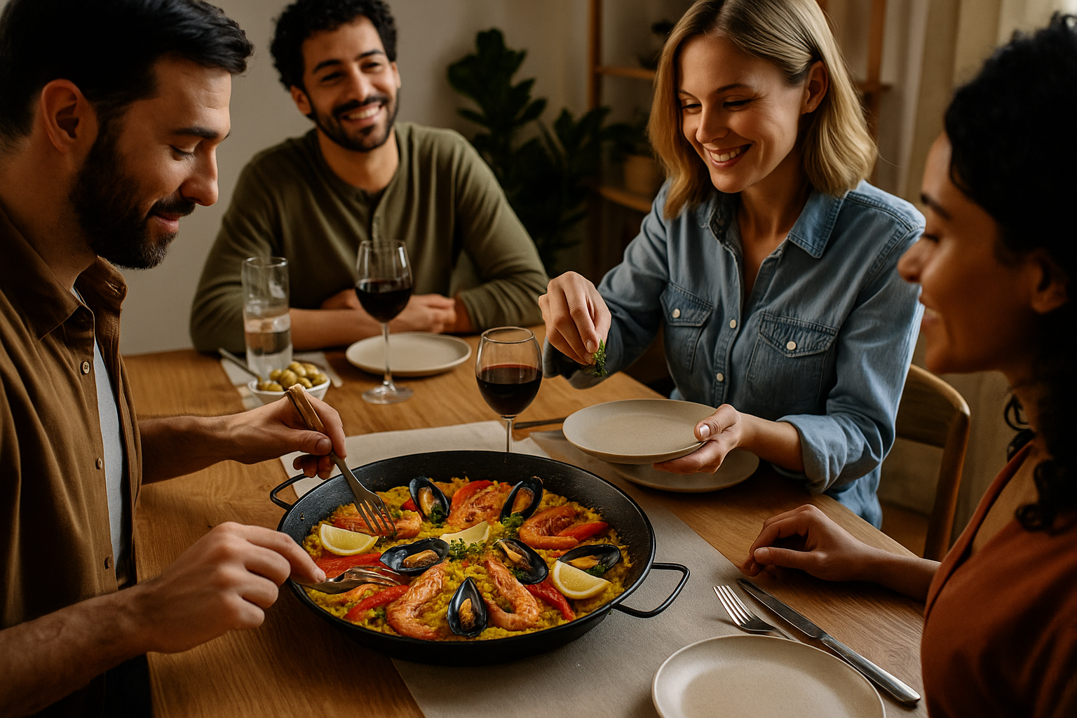 Groupe d’amis réunis autour d’une table en extérieur dégustant une grande paella dans une ambiance festive et chaleureuse