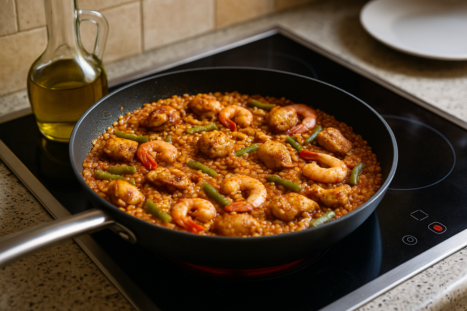 Paella maison en cuisson dans une poêle classique sur une plaque de cuisine