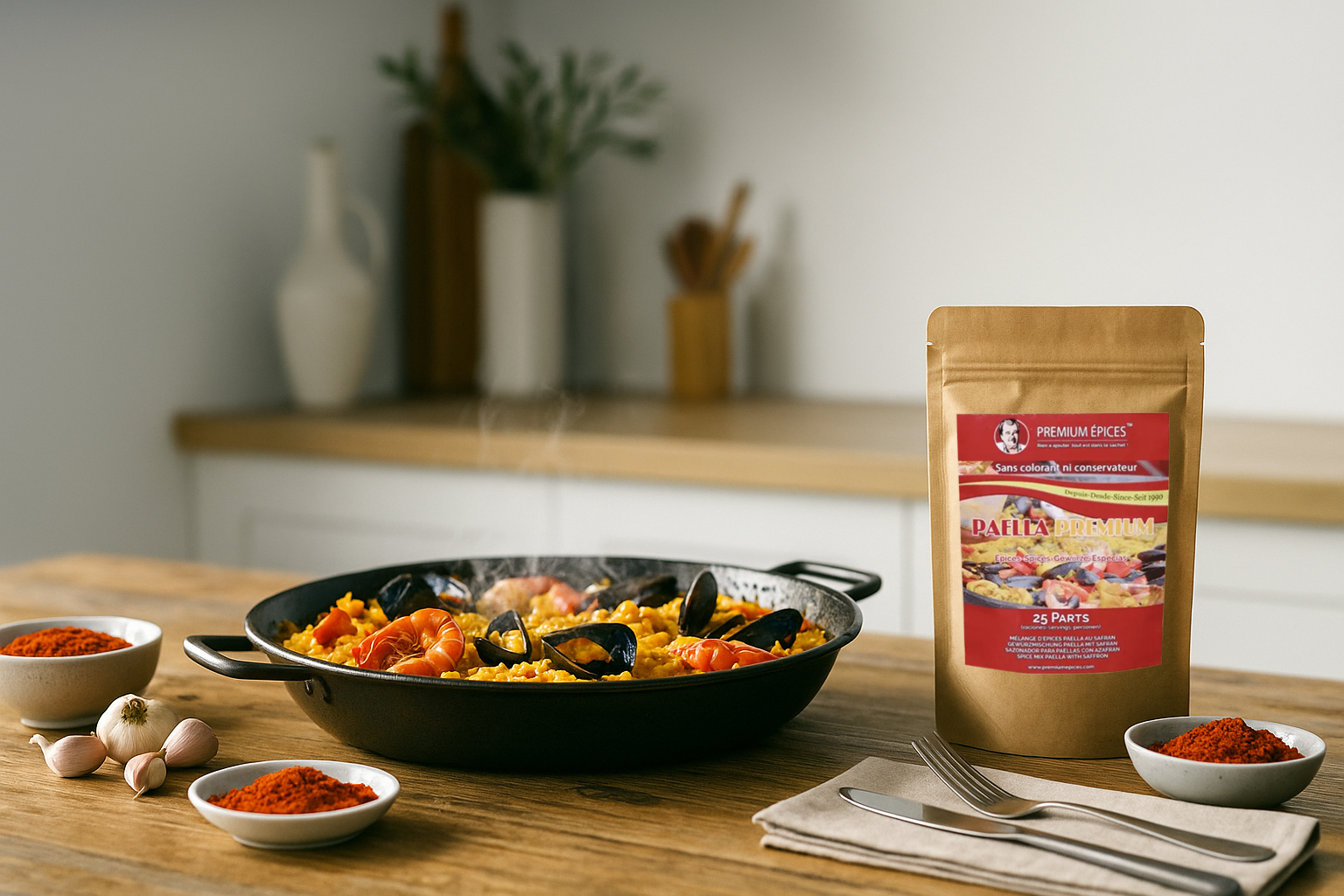 Poêle de paella en cuisson avec fruits de mer, accompagnée du mélange d’épices Premium Épices au safran