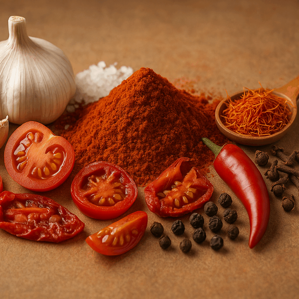Ingrédients naturels du mélange d’épices pour paella : ail, paprika, piment, tomate, clou de girofle, poivre, sel et safran.