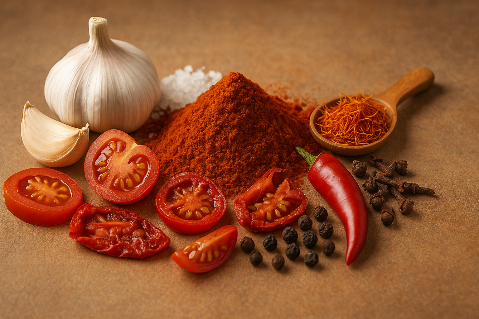 Ingrédients naturels du mélange d’épices pour paella : ail, paprika, piment, tomate, clou de girofle, poivre, sel et safran.