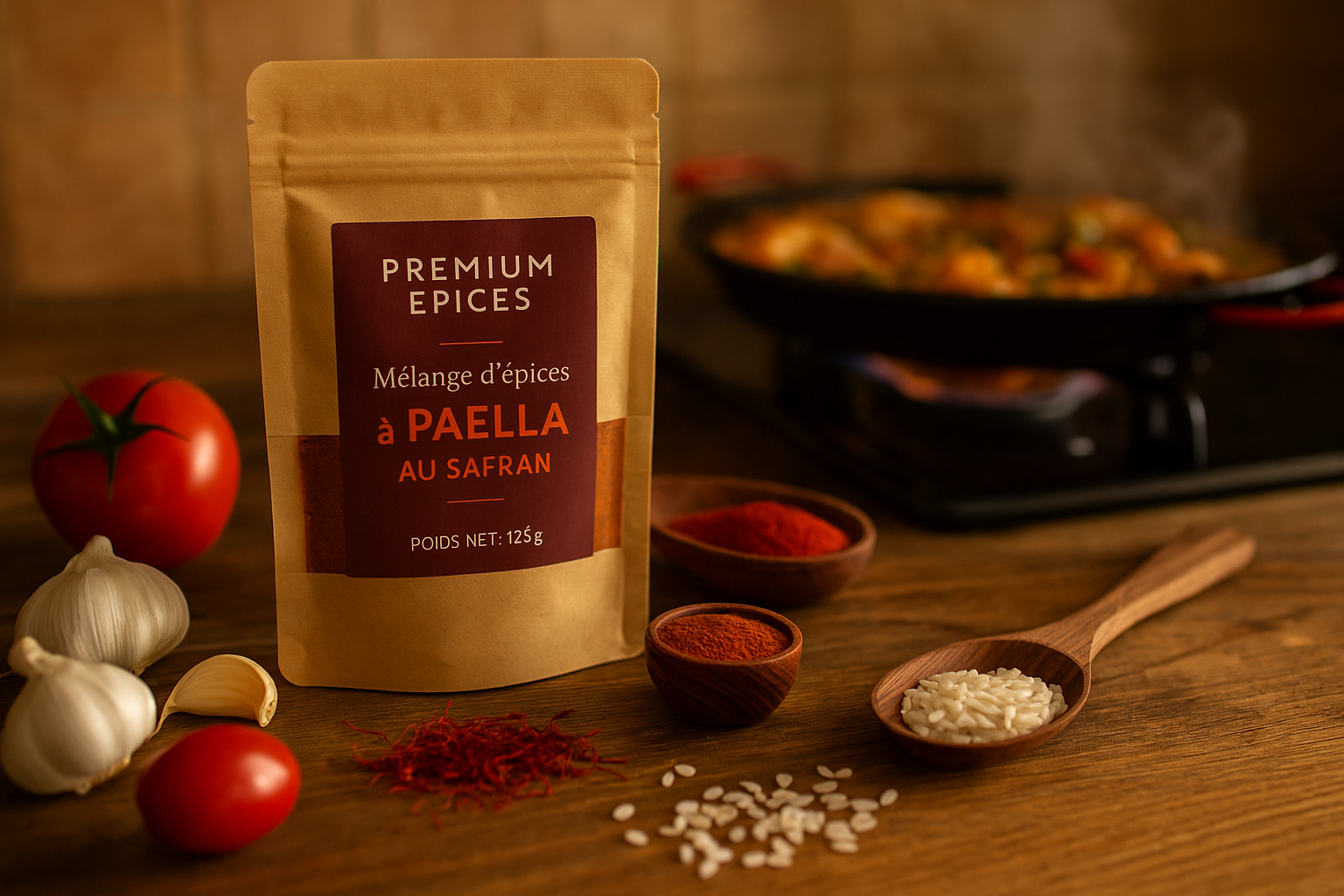Sachet d’épices posé sur un plan de travail, entouré d’ingrédients de paella et d’un plat en préparation