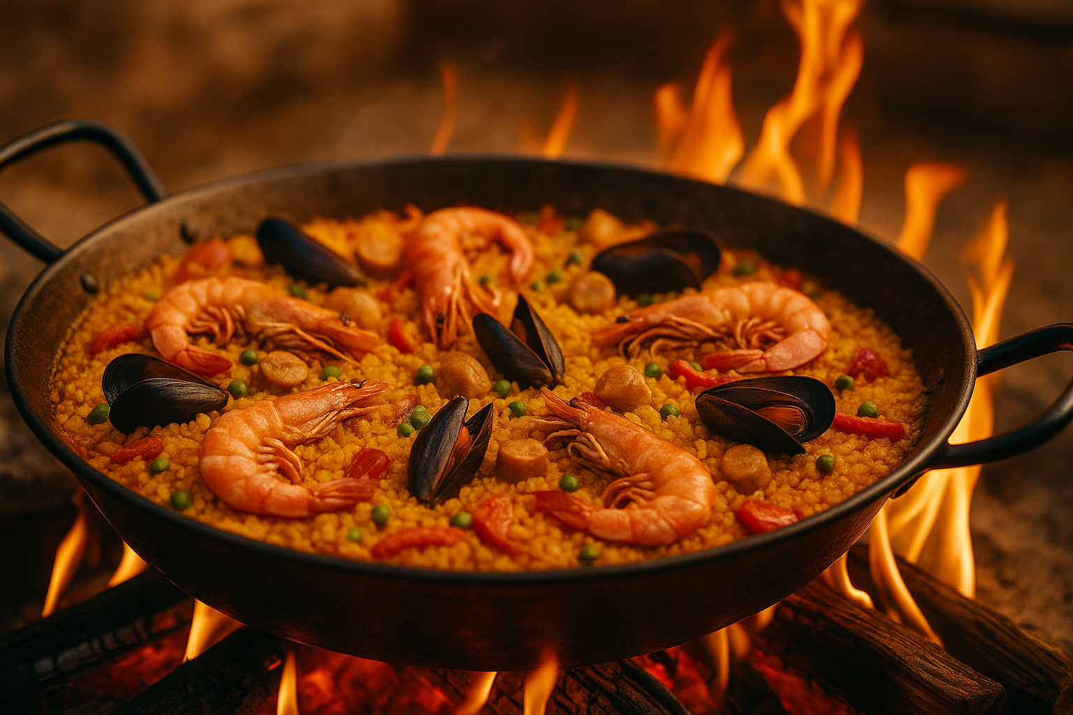 Grande poêle de paella sur feu de bois, garnie de crevettes, moules, légumes et riz doré au safran
