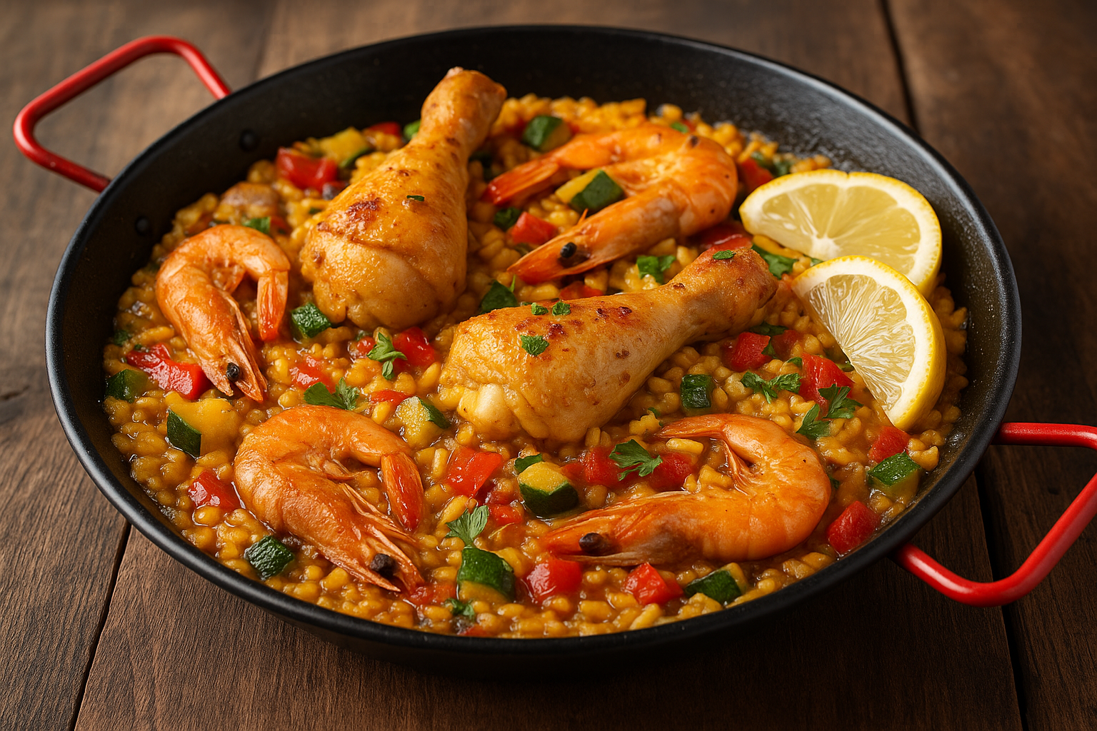 Paella familiale cuite dans une poêle classique, servie pour quatre personnes avec citron et persil