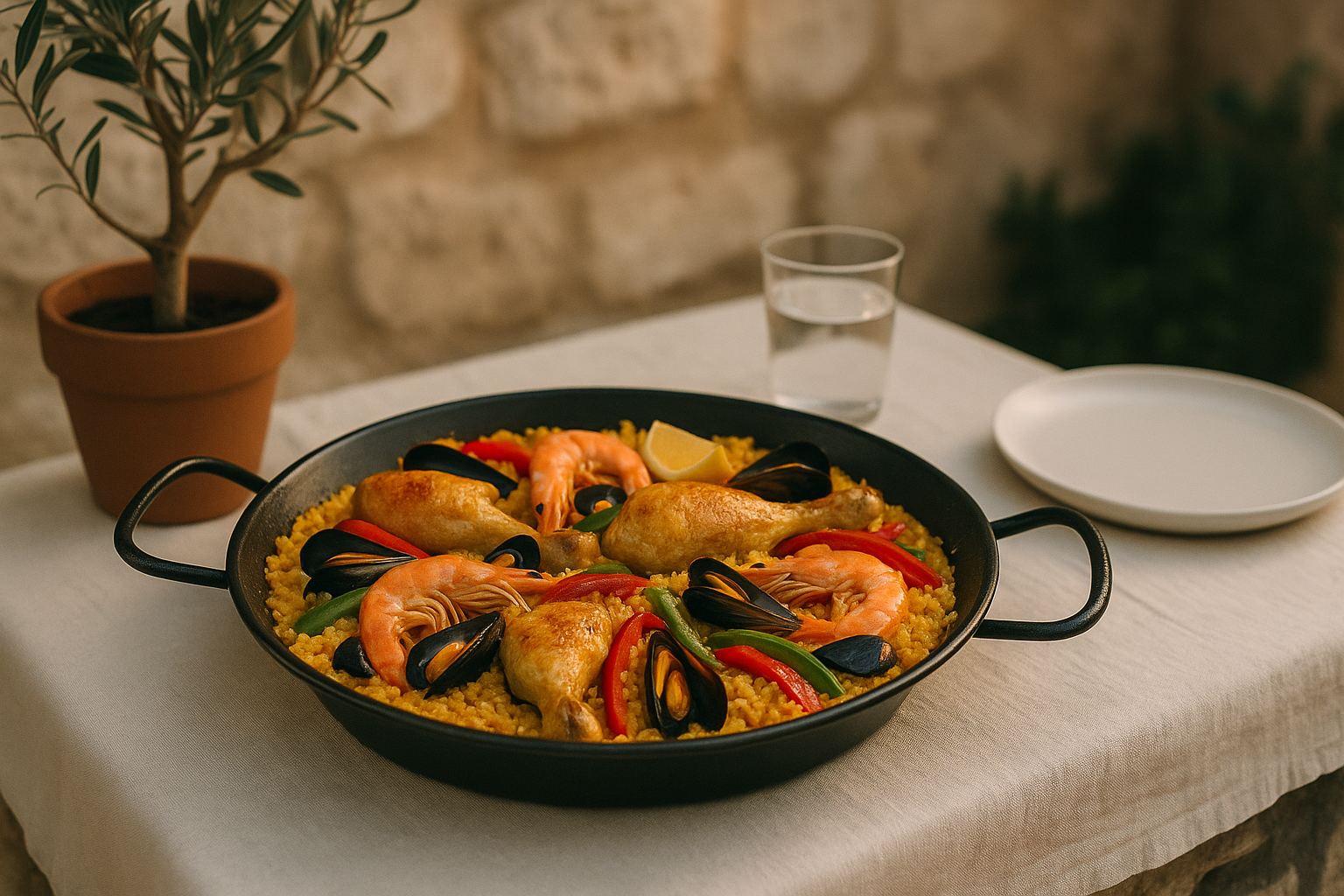 Grande poêle de paella mixte avec poulet, crevettes, moules, poivrons et riz doré