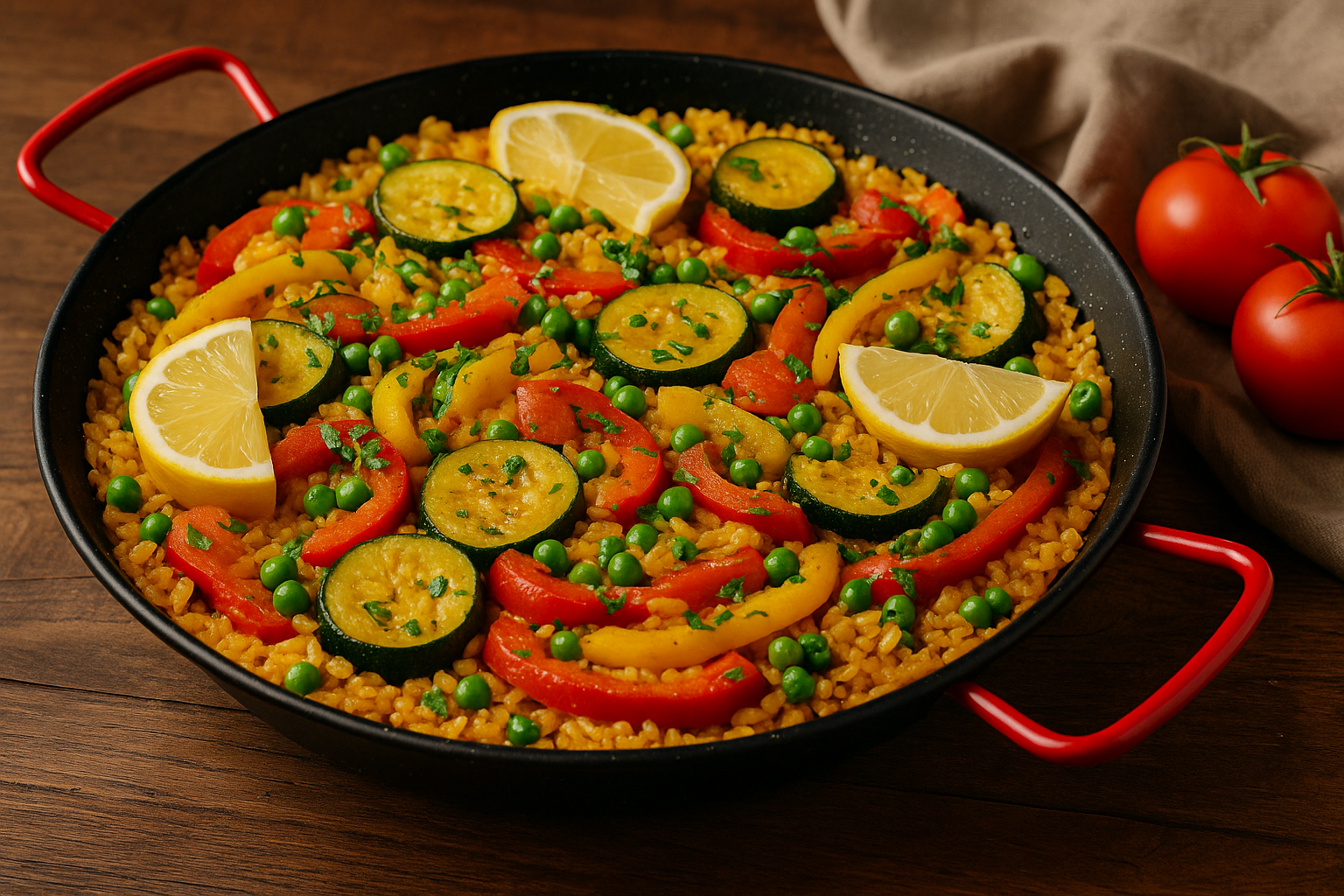 Paella végétarienne garnie de légumes colorés dans une grande poêle, avec riz doré et épices