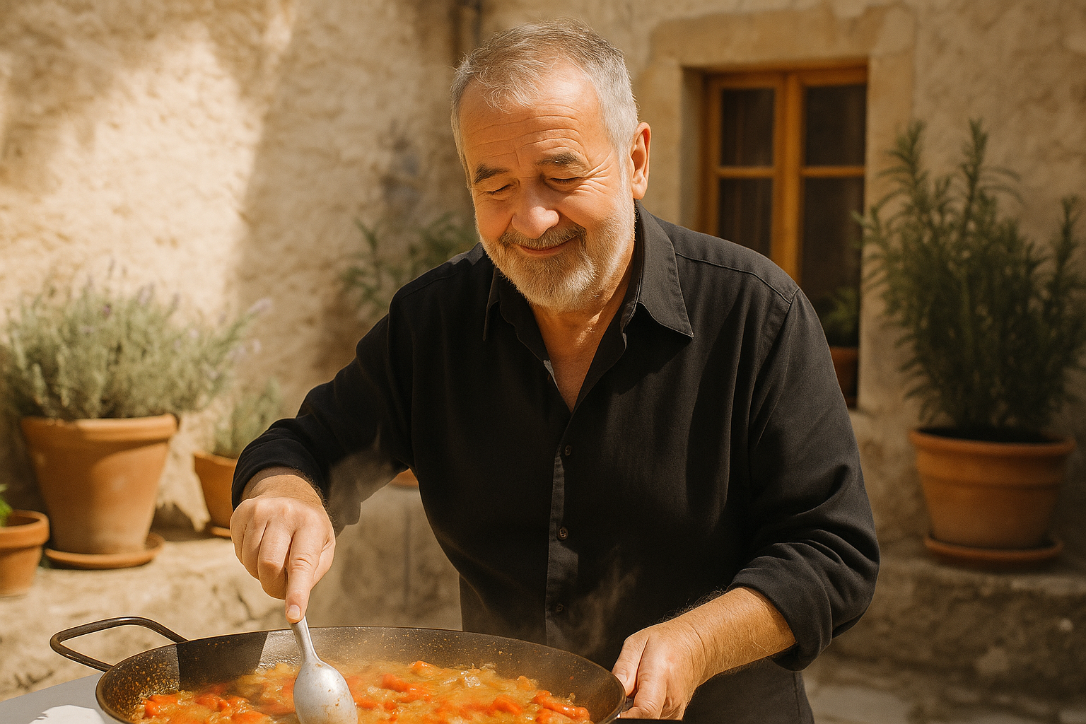 Portrait ensoleillé inspiré de Patrice Deumie, fondateur de Premium Épices, devant un paysage méditerranéen