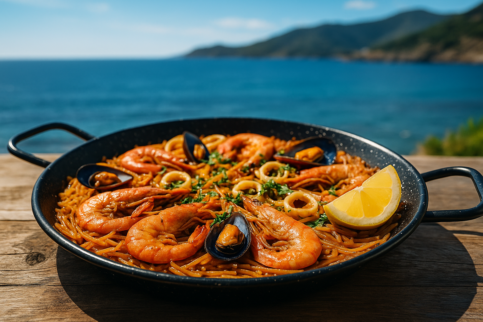 Plat de fideuà dans une poêle avec fruits de mer et pâtes dorées, sur fond méditerranéen