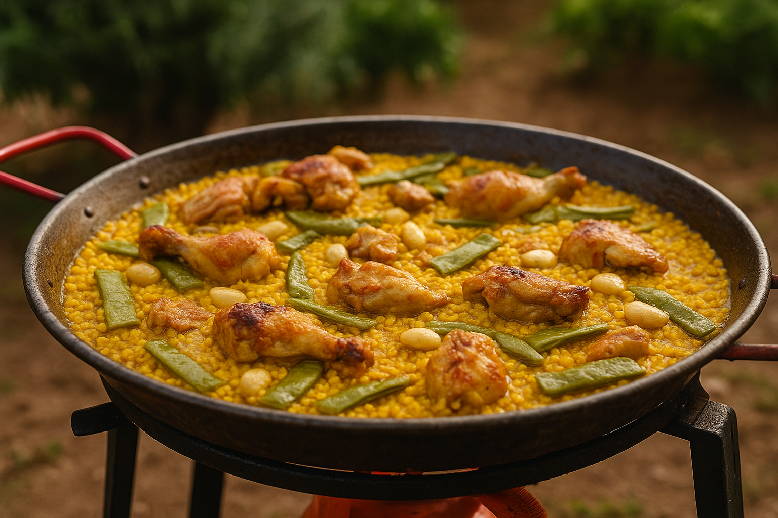 Grande poêle de paella valencienne traditionnelle avec morceaux de poulet, haricots et riz safrané
