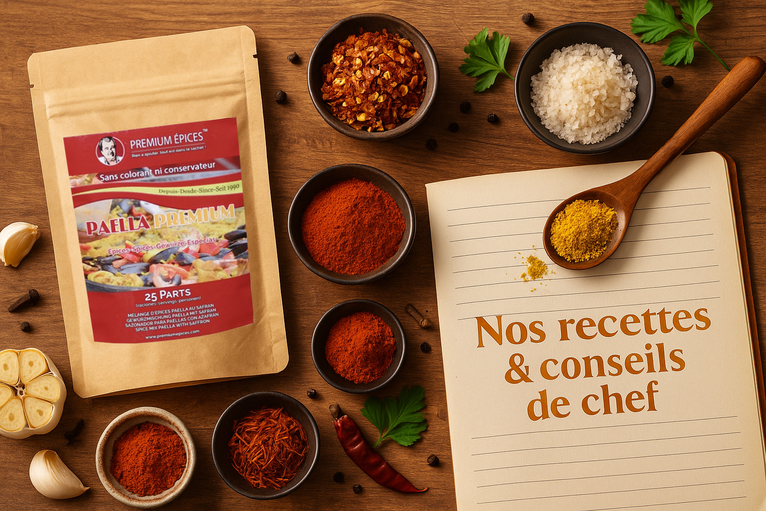 Vue en contre-plongée d’un plan de travail culinaire avec sachet Premium Épices entouré de paprika, safran, ail et ustensiles de cuisine
