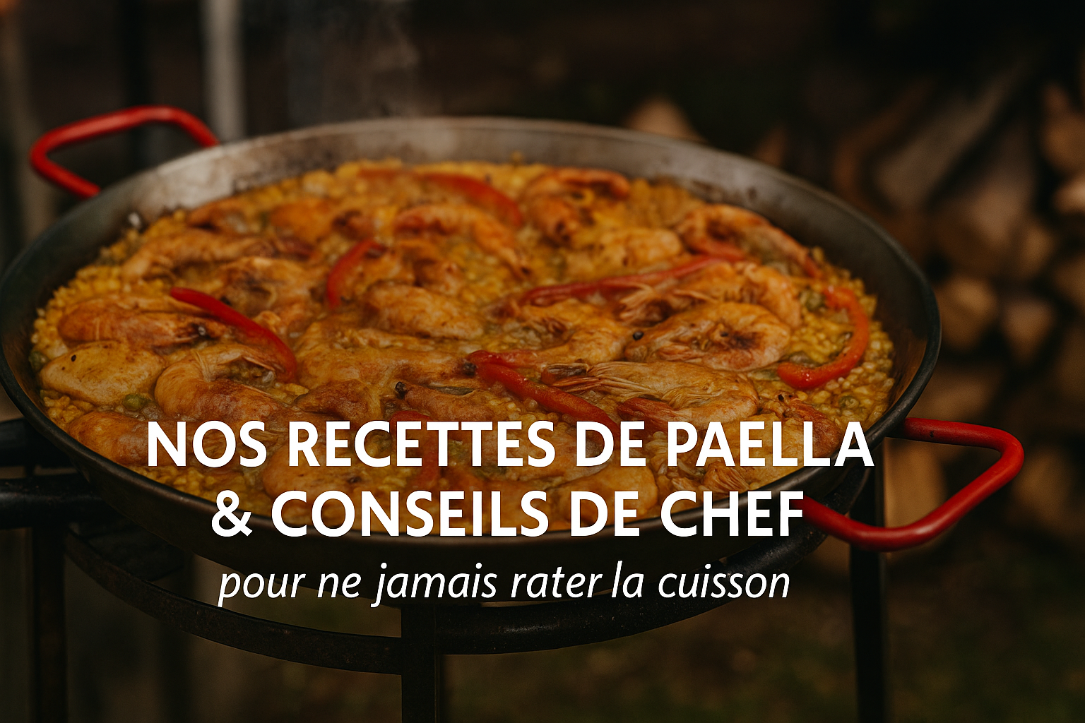 Plan large d’une paella en cuisson, garnie de fruits de mer et légumes colorés, posée sur un feu extérieur dans une ambiance conviviale