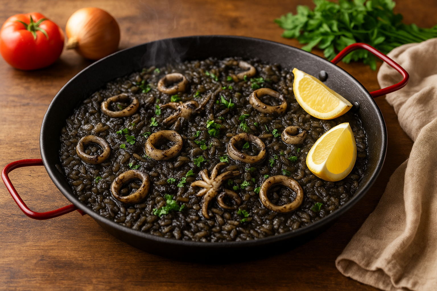 Riz noir espagnol dans une grande poêle avec calamars, encre de seiche et citron