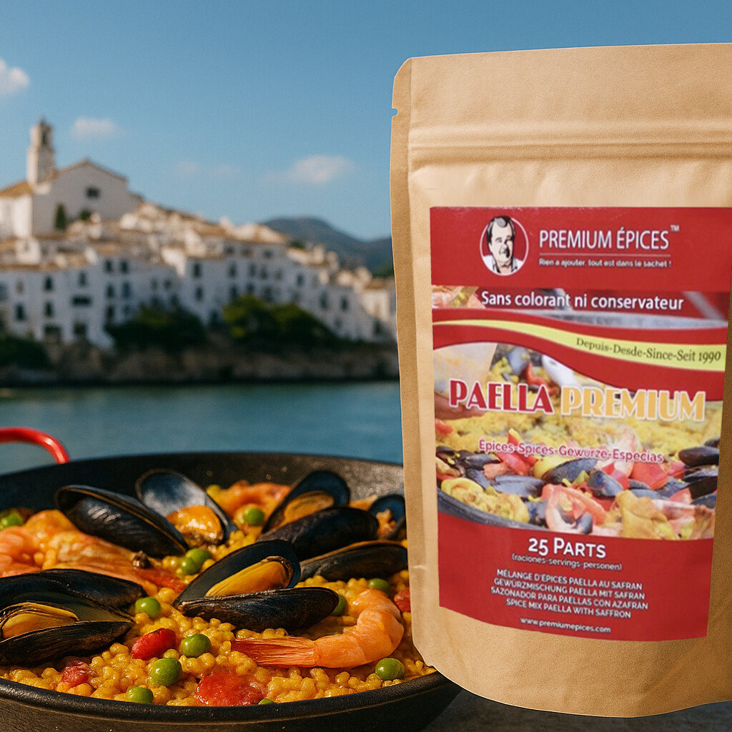 Sachet d’épices Premium Épices posé devant une grande poêle de paella, avec en arrière-plan un paysage espagnol typique et ensoleillé