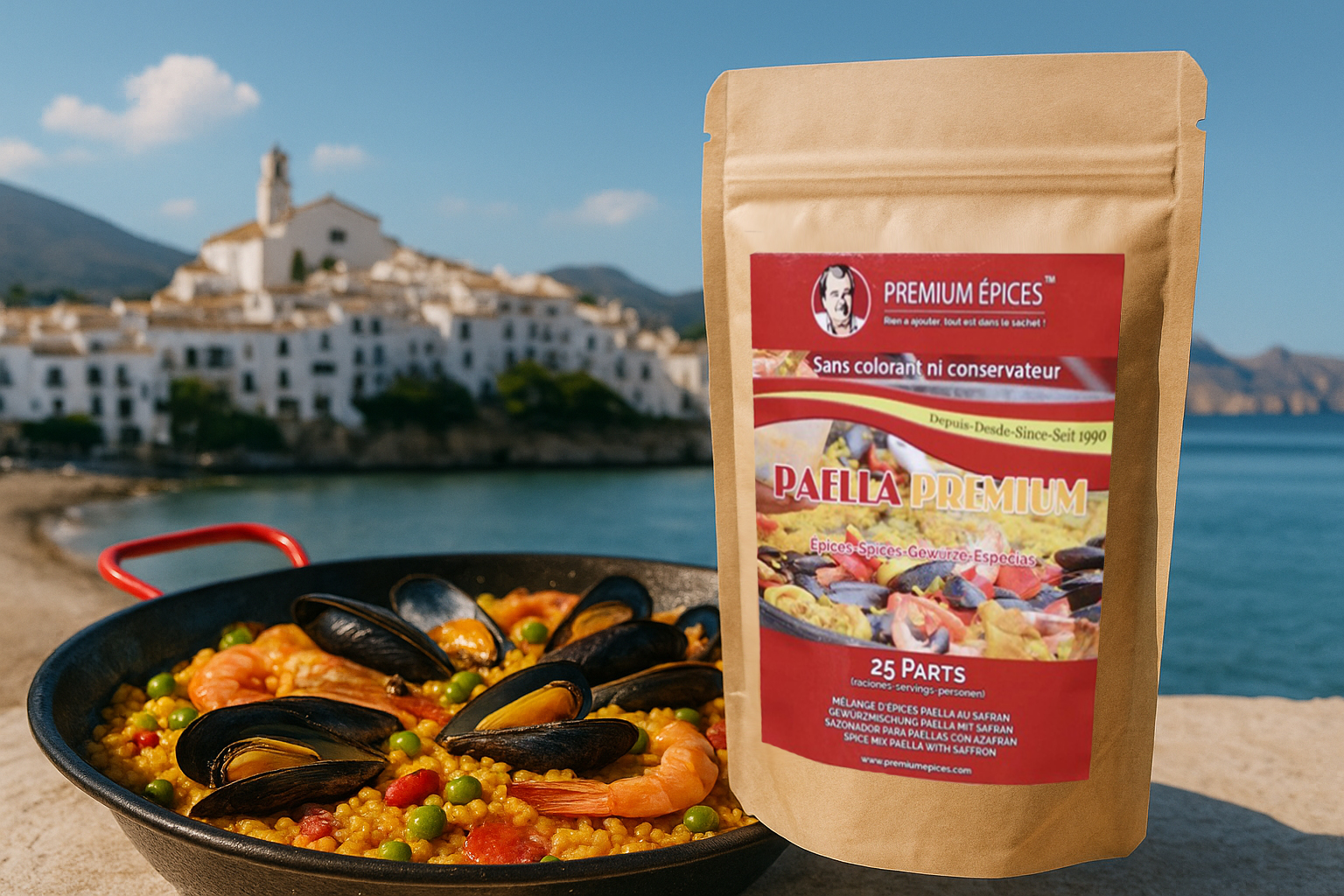 Sachet d’épices Premium Épices posé devant une grande poêle de paella, avec en arrière-plan un paysage espagnol typique et ensoleillé