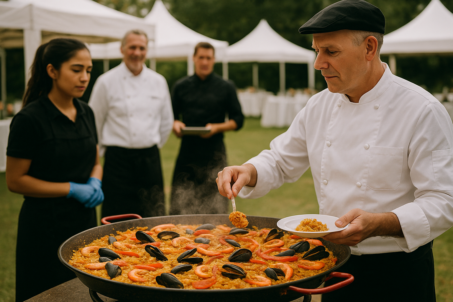 Chef cuisinier en veste blanche servant une paella géante lors d’un événement en extérieur, entouré de son équipe sous des tentes blanches
