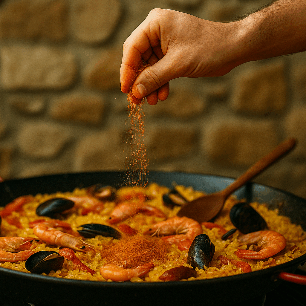 Un cuisinier en train d’ajouter un mélange d’épices dans une grande poêle de paella en cuisson, vue d’ambiance culinaire