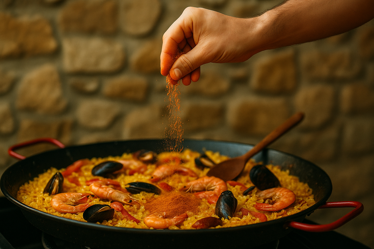 Un cuisinier en train d’ajouter un mélange d’épices dans une grande poêle de paella en cuisson, vue d’ambiance culinaire